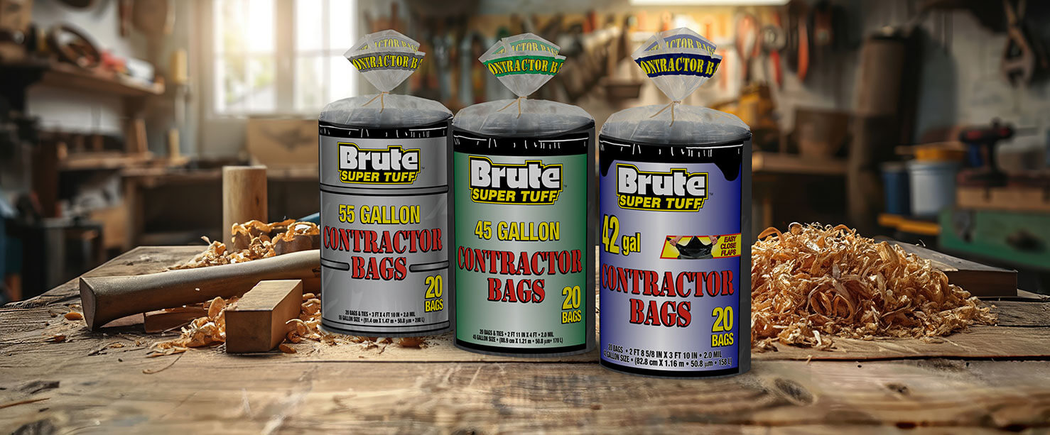 Multiple packs of Brute Contractor Bags on workbench