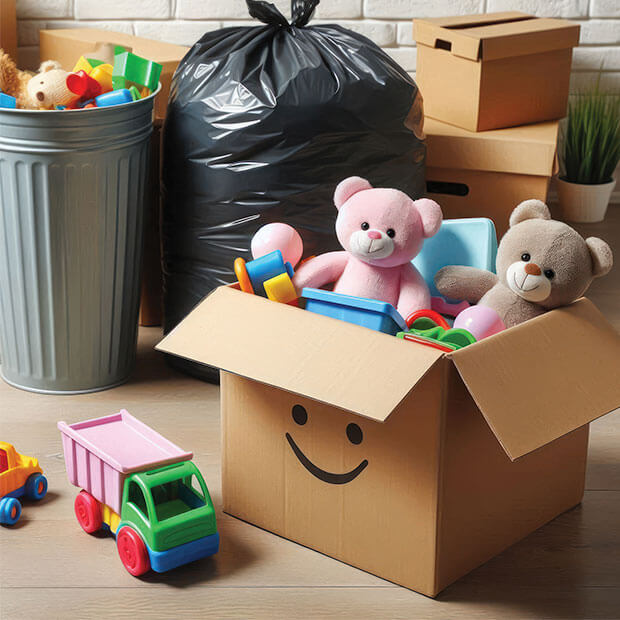 Stuffed animals and toys in boxes and trash bags