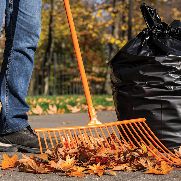 Person raking leaves into trash bag