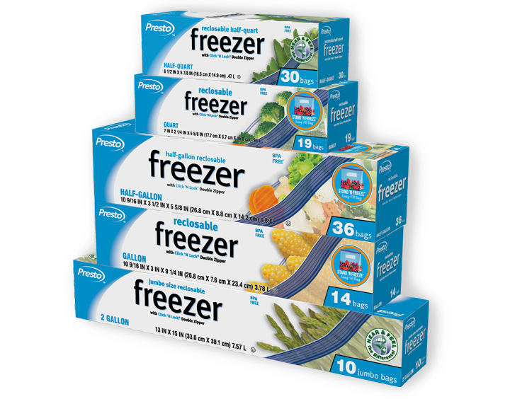 Stack of reclosable freezer bag cartons in different sizes